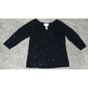 Womens Linea Sweater XS Black Sequined 3/4 Sleeve V-Neck Shirt Top